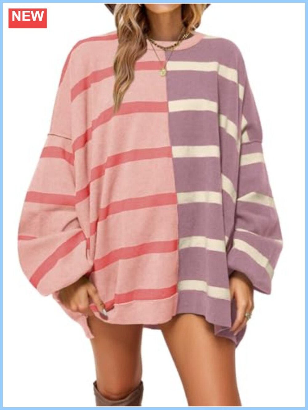Womens Striped Pullover Sweater Crew Neck Long Sleeve Loose Knit Top